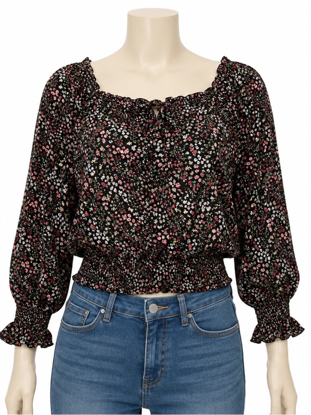 Papaya Black Ditsy Floral Smocked Crop Top Tie Back Open Back M